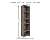 Wynnlow Gray Pier TV Stand full assembled with shelving details