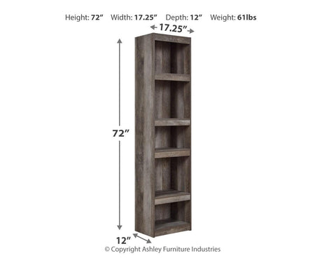 Wynnlow Gray Pier TV Stand full assembled with shelving details