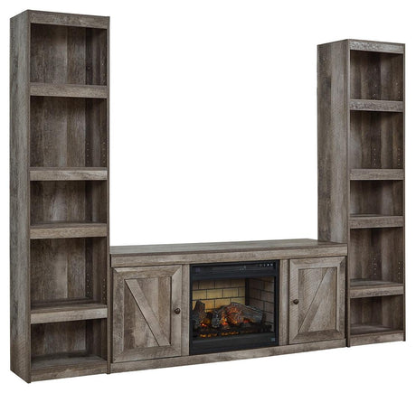 Front view of Wynnlow Gray 3-Piece Entertainment Center with electric fireplace