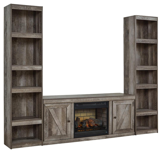 Front view of Wynnlow Gray 3-Piece Entertainment Center with electric fireplace