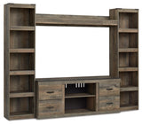 Rustic plank details on Trinell entertainment center