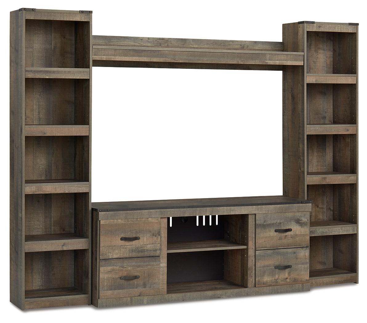 Rustic plank details on Trinell entertainment center