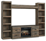 Side angle of Trinell 4-piece entertainment center with barn door detail