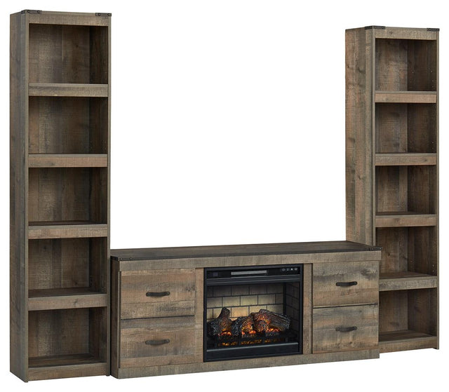 Trinell 3-Piece Entertainment Center with Electric Fireplace in rustic brown finish