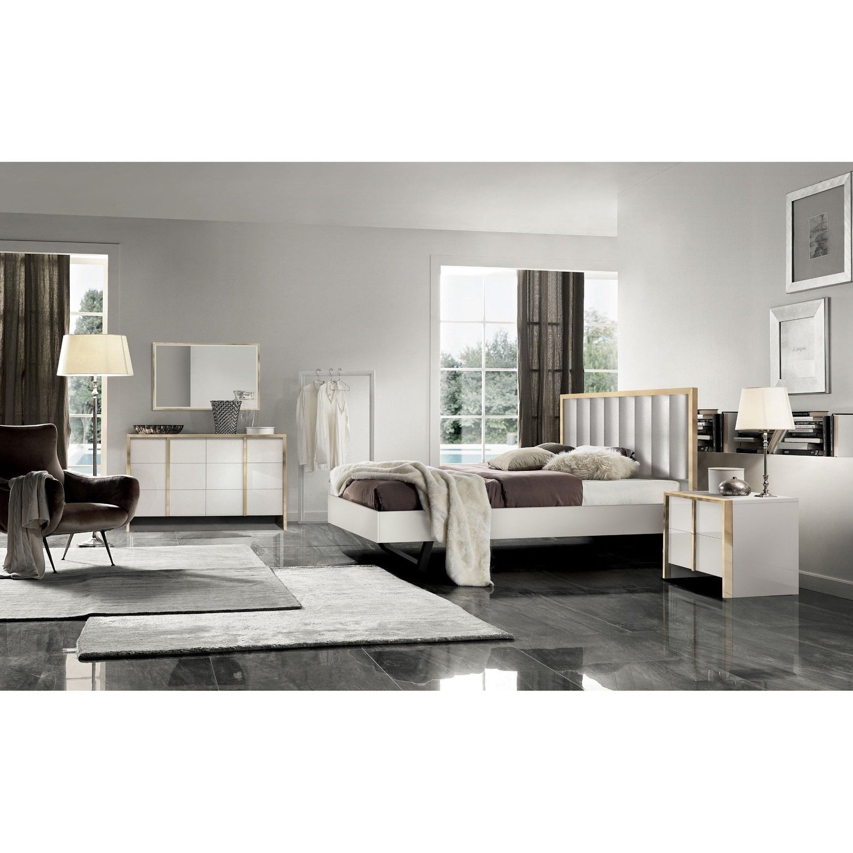 Fiocco complete bedroom set with bed, dresser, mirror, nightstand, and chest