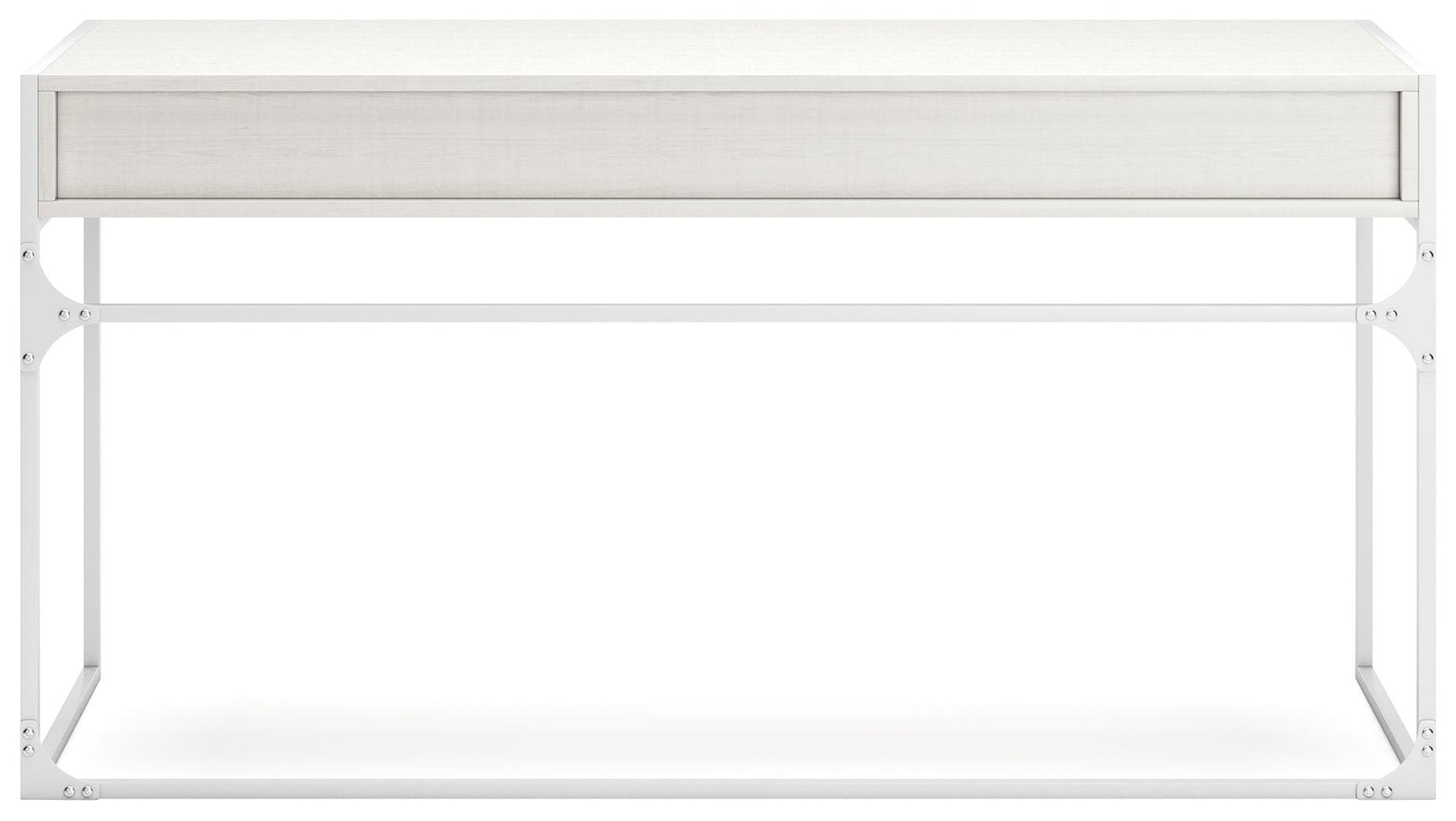 Deznee White Home Office Desk with back shelf and drawer view