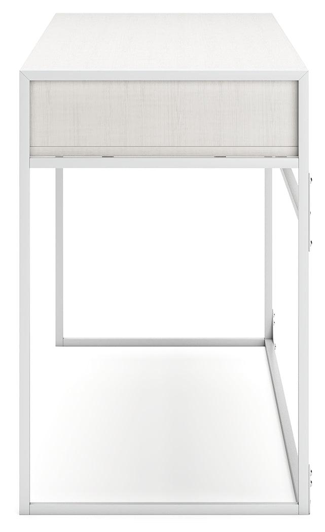 Deznee White Home Office Desk with back shelf and drawer view