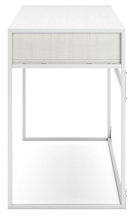 Deznee White Home Office Desk with back shelf and drawer view