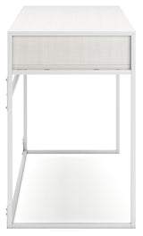 Deznee White Home Office Desk with back shelf and drawer view