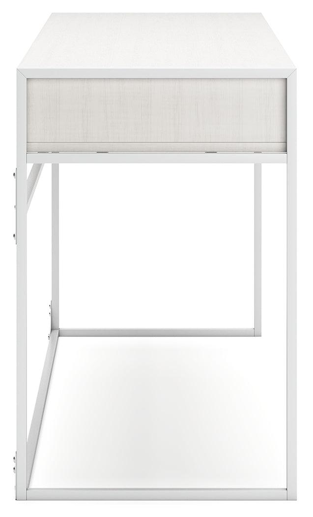 Deznee White Home Office Desk with back shelf and drawer view