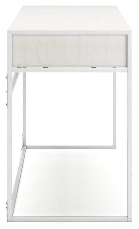 Deznee White Home Office Desk with back shelf and drawer view