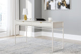 Close-up of Deznee desk metal frame and white finish