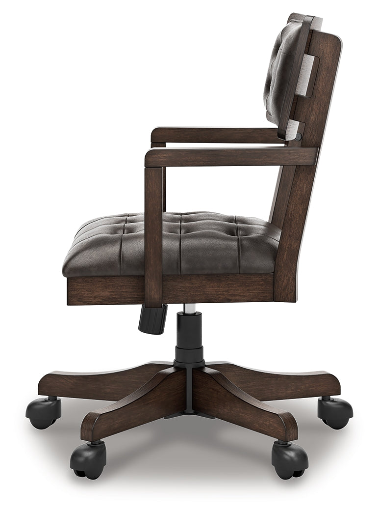 Breckington dark brown home office desk and chair set front view