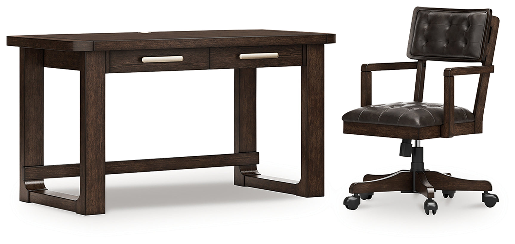 Breckington dark brown home office desk and chair set front view