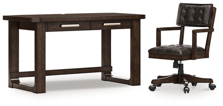 Breckington dark brown home office desk and chair set front view