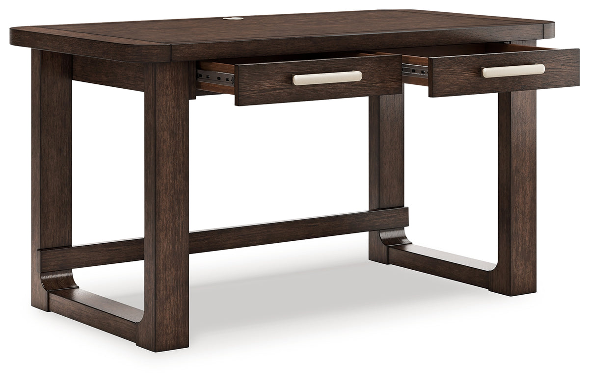 Open drawers of Breckington 56 inch desk showing storage