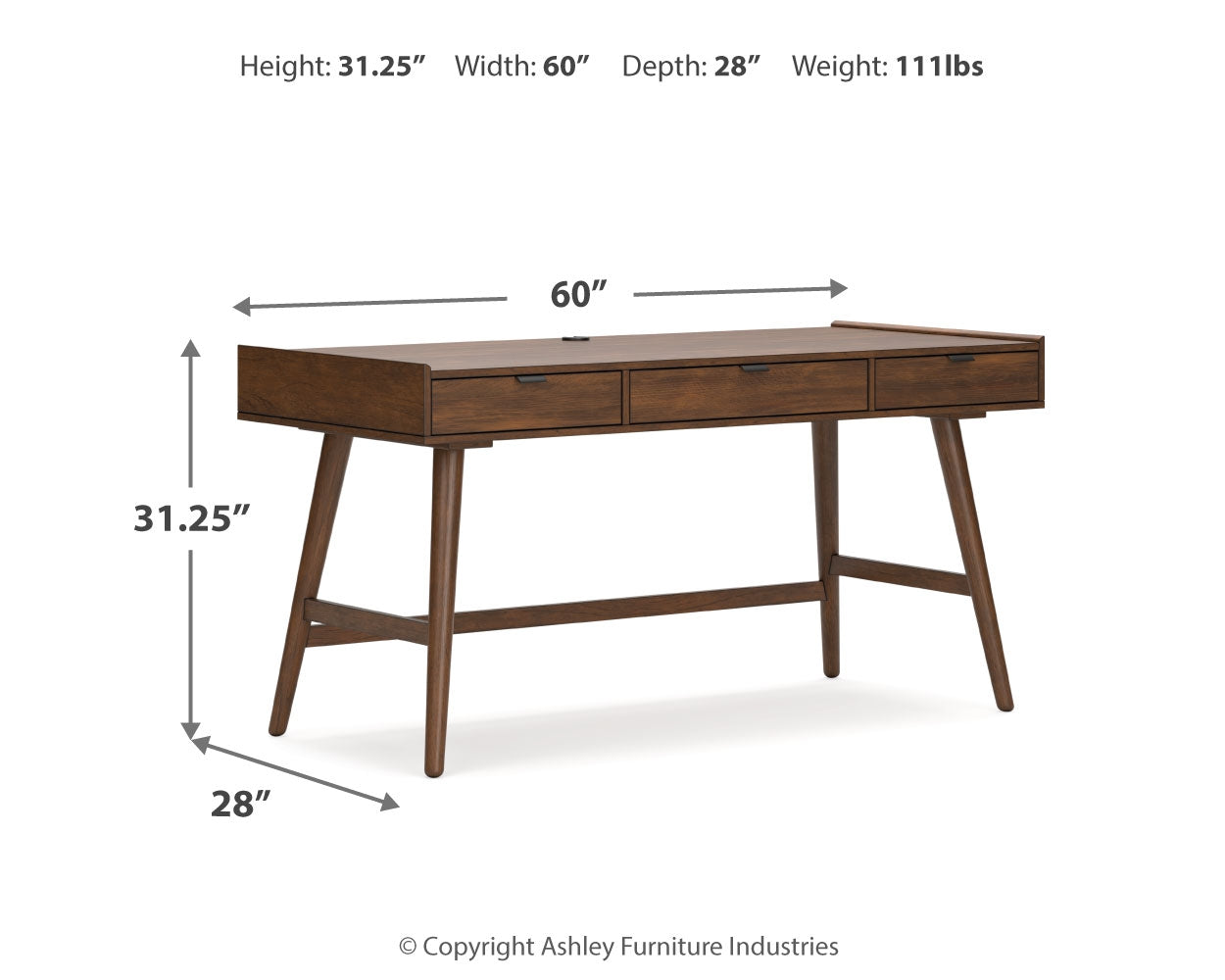 Lyncott brown home office desk with chair, front view