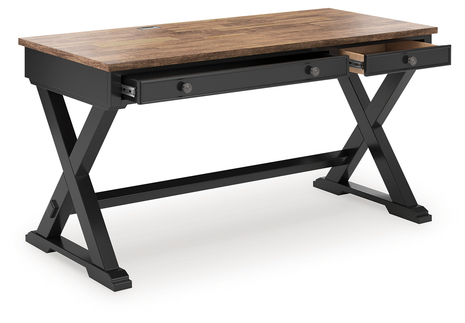 Desk showing drop-down keyboard tray open with cord management