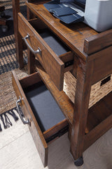 Close-up on rustic brown finish and zinc-color hardware of Baldridge Printer Stand