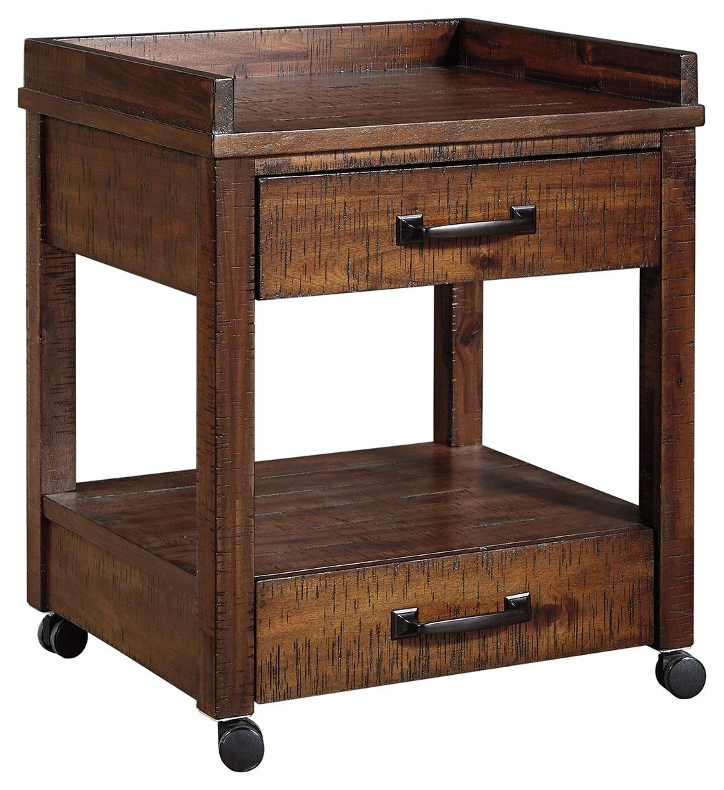 Baldridge Rustic Brown Printer Stand side view highlighting drawer and caster