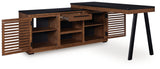 Open storage compartments of Kallari credenza with desk return