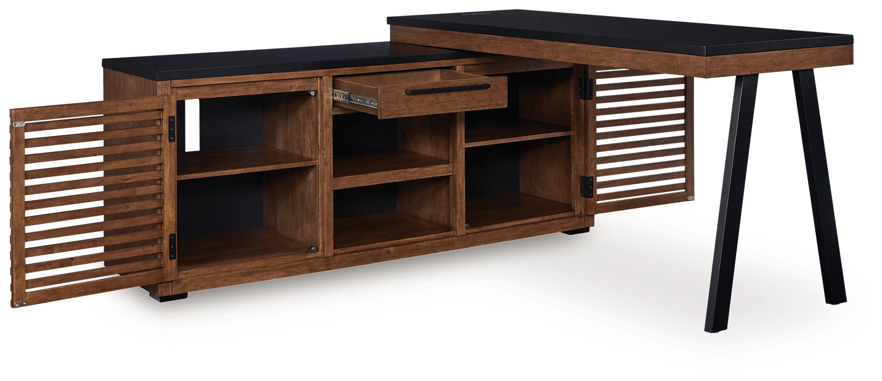 Open storage compartments of Kallari credenza with desk return