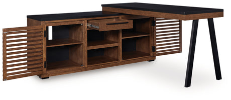 Open storage compartments of Kallari credenza with desk return