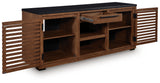 Kallari Credenza side angle with doors open showing interior shelves