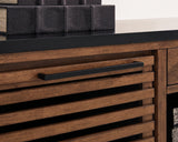 Close-up of blackened steel bar pulls on Kallari credenza drawer
