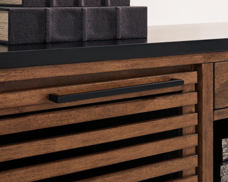 Close-up of blackened steel bar pulls on Kallari credenza drawer