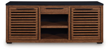 Kallari Credenza head-on view showing two cabinet doors