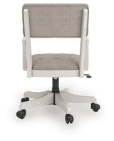 Robbinsdale antique white upholstered home office desk chair back view showing wood frame