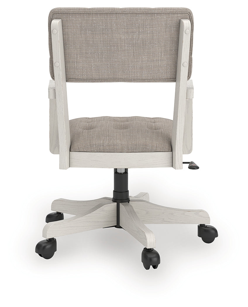Robbinsdale antique white upholstered home office desk chair back view showing wood frame