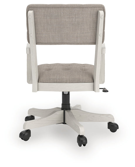 Robbinsdale antique white upholstered home office desk chair back view showing wood frame