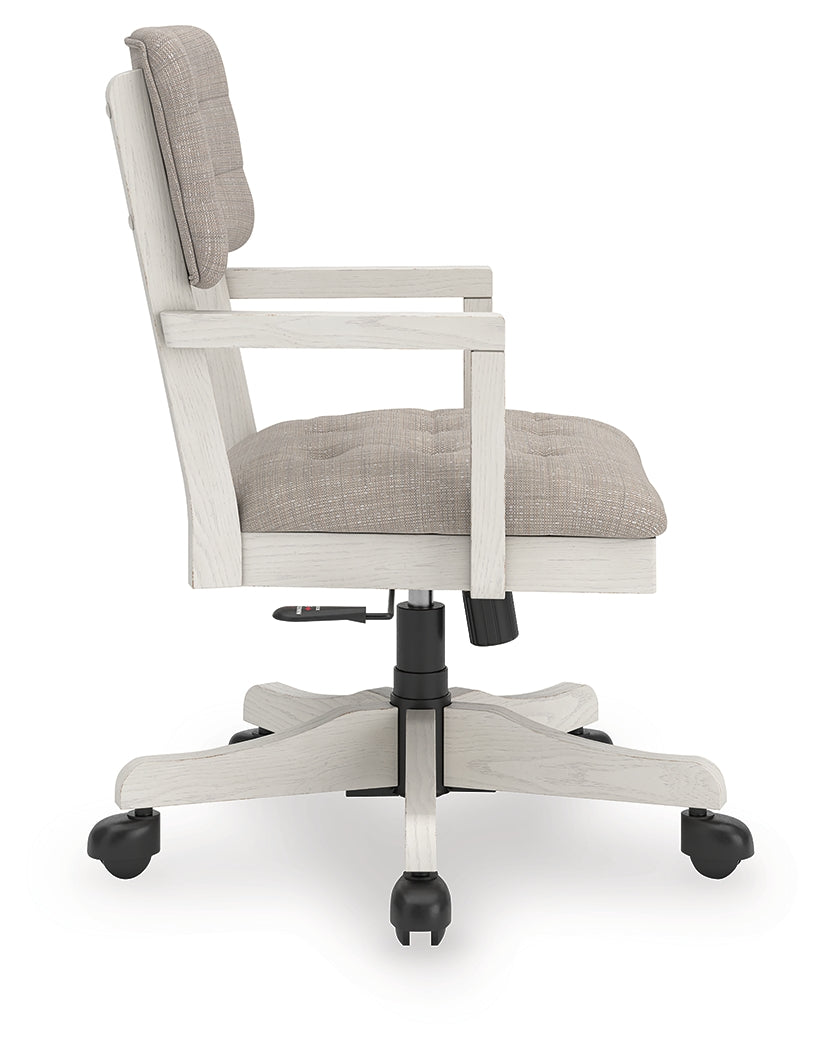 Robbinsdale antique white upholstered home office desk chair side view