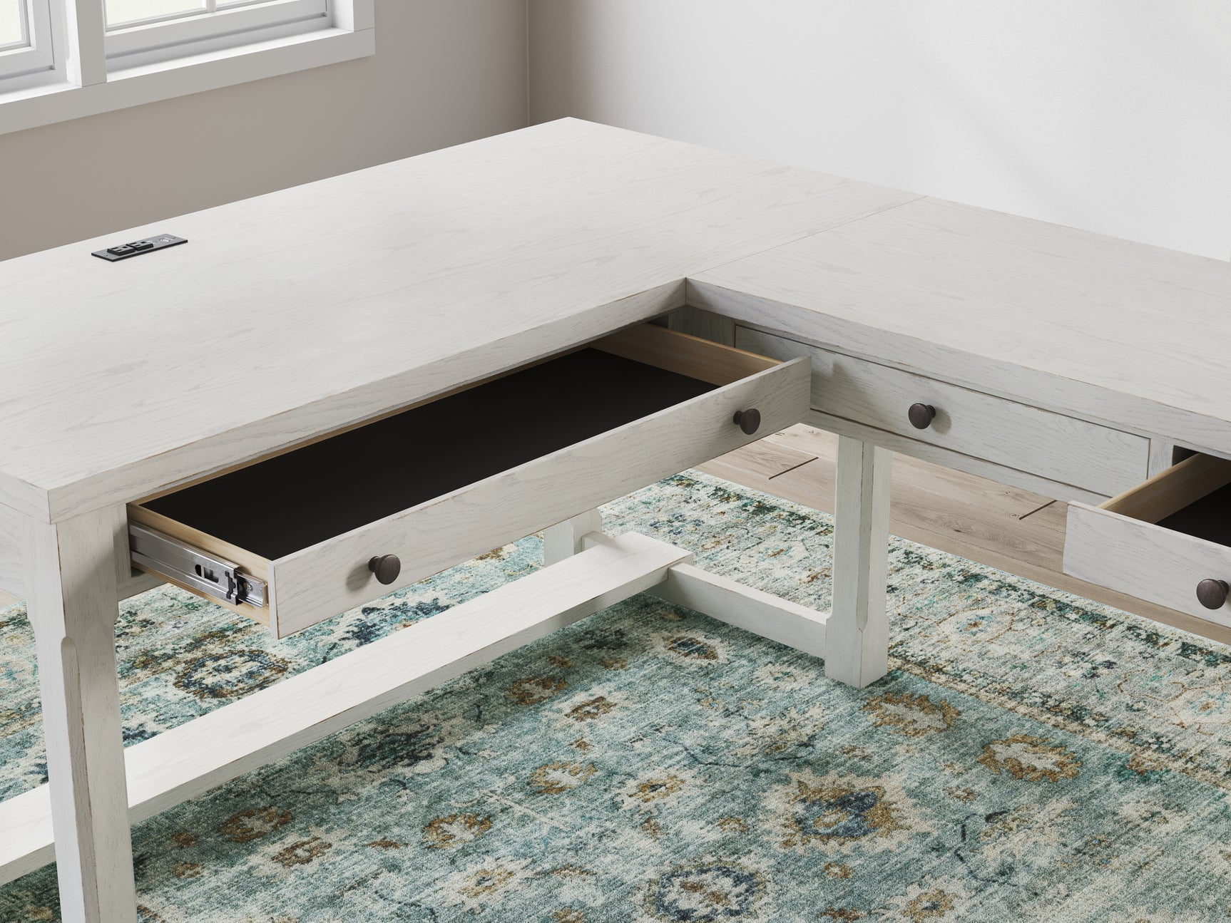 Close-up of metal knobs and finish on Robbinsdale Desk