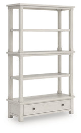 Robbinsdale antique white 75 inch bookcase angled side view