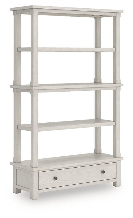 Robbinsdale antique white 75 inch bookcase angled side view