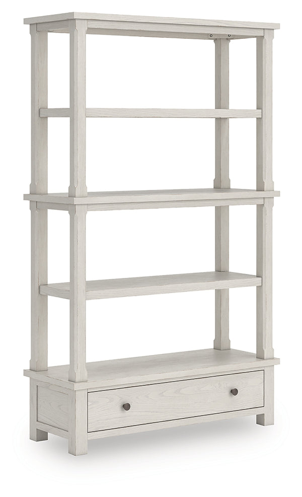 Robbinsdale antique white 75 inch bookcase angled side view