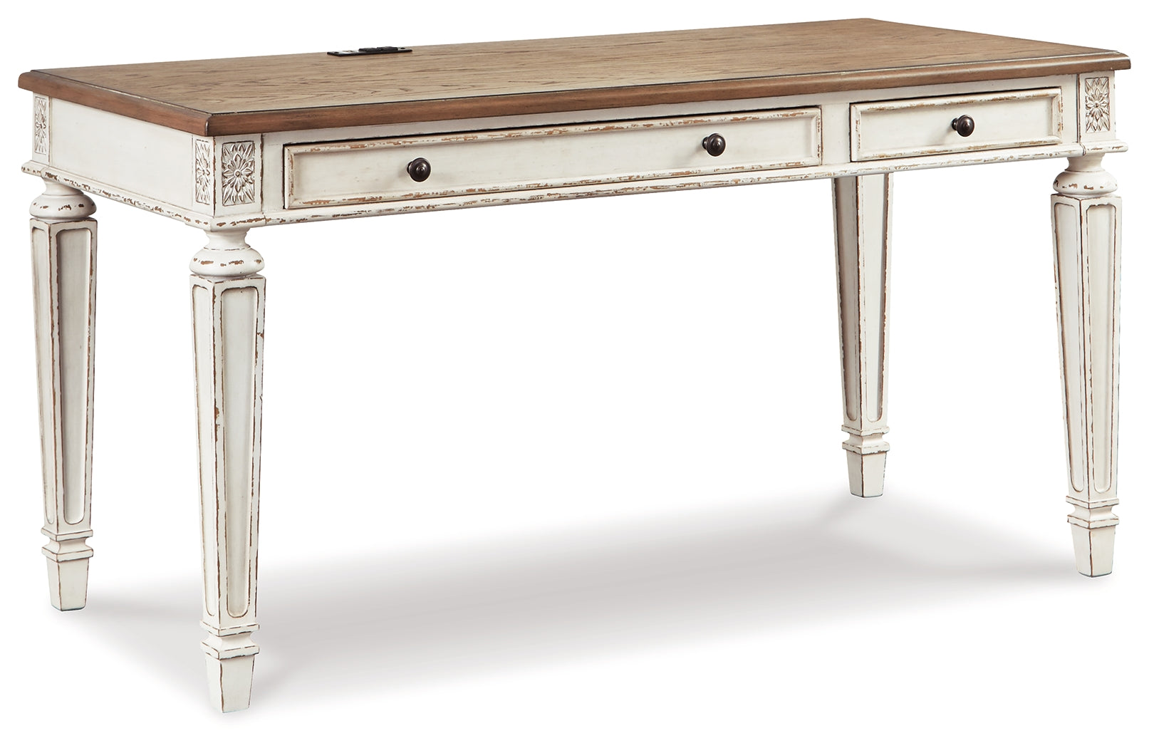 Side view of Realyn desk with decorative corbels