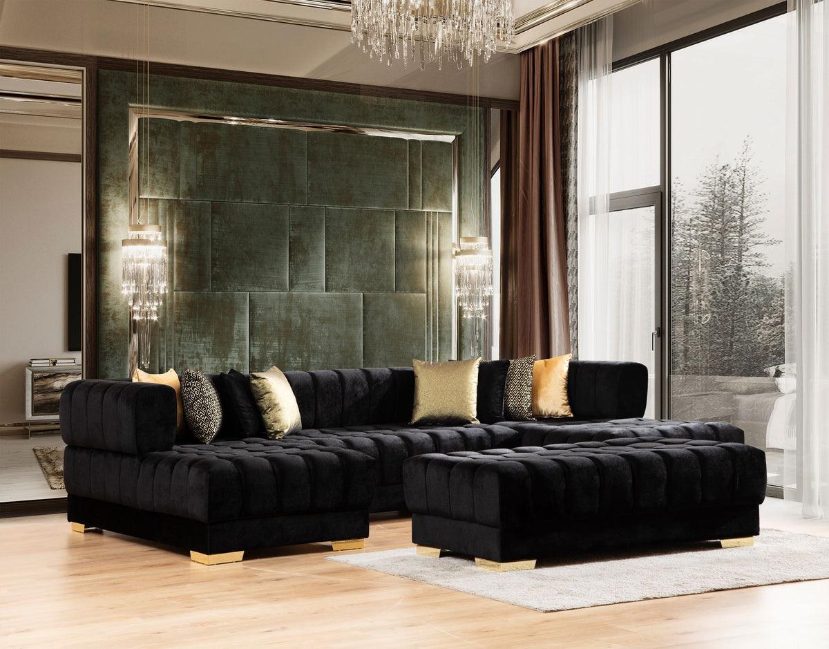 Side angle of Mia Black Velvet Rectangle Ottoman showing tufted top