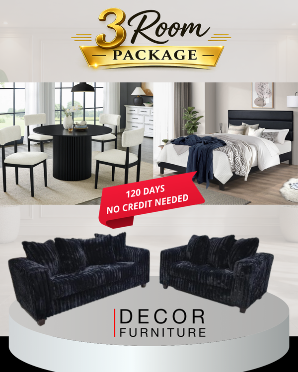 3 Room Package 1 set showing queen bed, dining table with 4 chairs, sofa, and loveseat