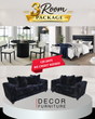3 Room Package 1 set showing queen bed, dining table with 4 chairs, sofa, and loveseat