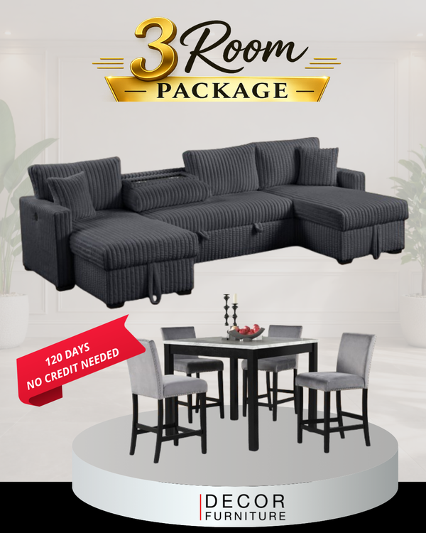 3 Room Package sectional sofa and dining table with 4 side chairs