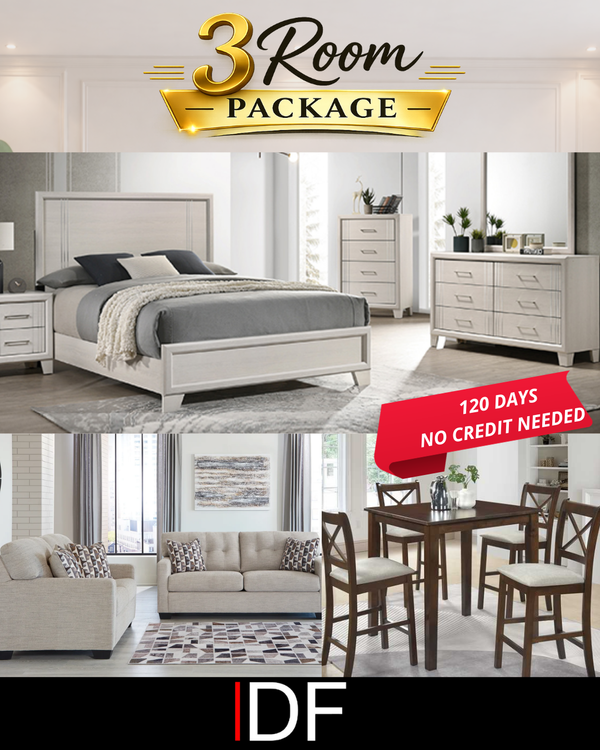 3-room furniture package showing queen bedroom set, dining table with chairs, and sofa with loveseat