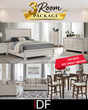 3-room furniture package showing queen bedroom set, dining table with chairs, and sofa with loveseat