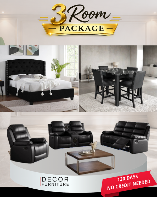 3 Room Package set showing queen bed, dining table with chairs, reclining sofa, loveseat, and chair
