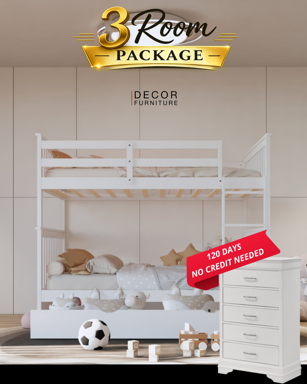 3-room package with bunk bed and chest angled view