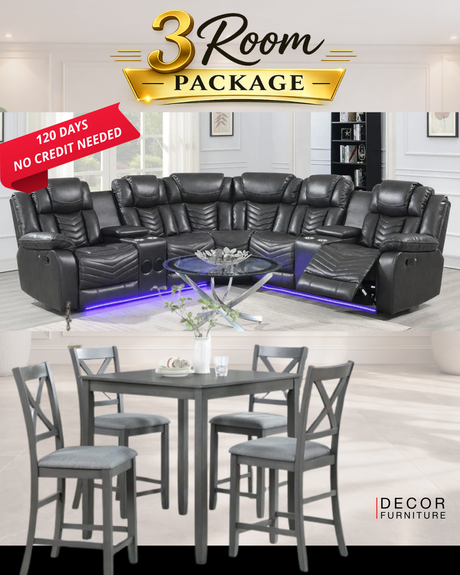 Reclining sectional sofa with LED lighting, front view