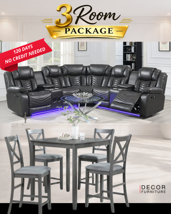 Reclining sectional sofa with LED lighting, front view